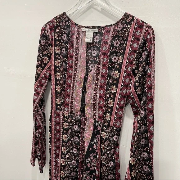 American Rag Belted Floral Button Front Fit & Flare Dress Bell Sleeve Large - Picture 3 of 8